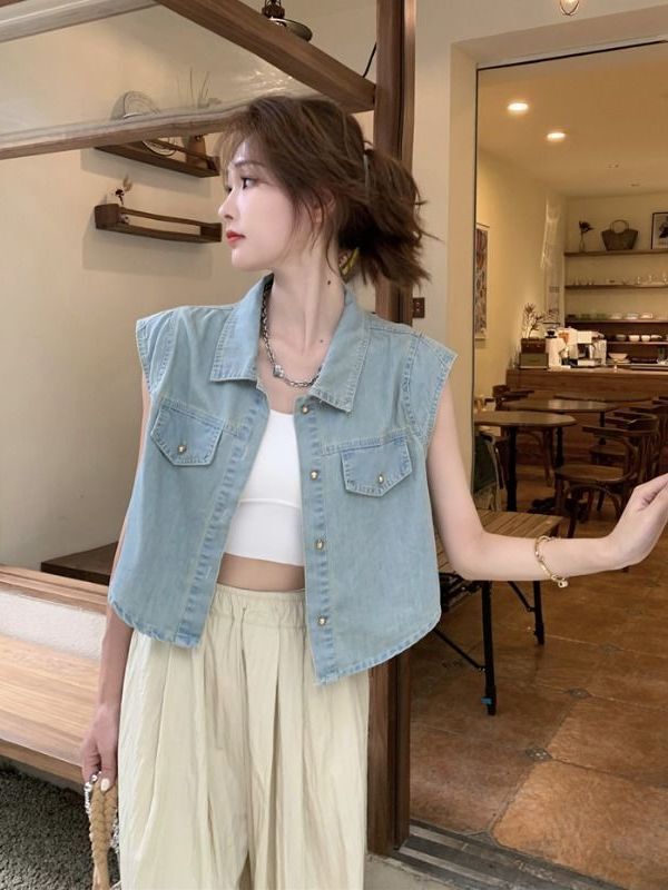今年流行的牛仔衬衫马甲女2023夏季新款宽松显瘦百搭时尚短款马夹|undefined