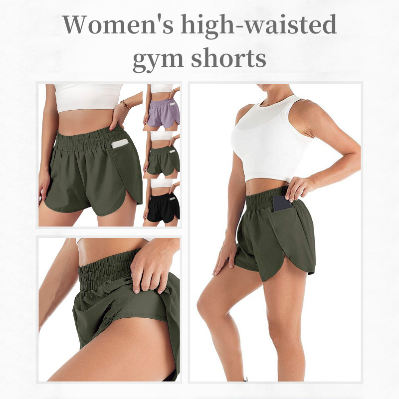 Amazon Hot Selling Women's High Waist Yoga Fitness Quick Dry Running Shorts Outdoor Layered Pocket Sports Shorts