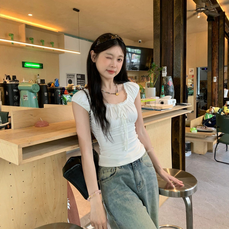 Korean Style Spicy Girl Square Neck Puff Sleeve White Short-Sleeve T-Shirt for Women, Summer Design with Lace Trim, Niche Versatile Top