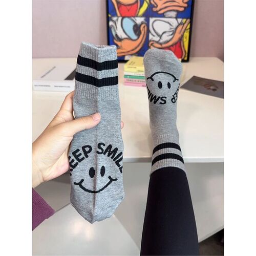 Korean Dongdaemun Dual Bar Smiling Socks Women's Mid-Calf Cotton Socks Autumn New Comfortable Breathable Sports Socks for Women