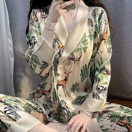 定制款睡衣冰丝青果领长袖长裤小批量代加工可定制女式家居服