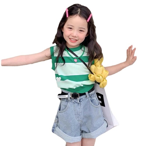 男女童裤子卷裤脚扣子牛仔裤短裤24夏装新款外贸童装3-8岁送腰带