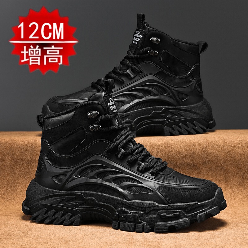 Autumn New Cycling Shoes Invisible Inner Heightening Shoes 12cm Men's High-Top Motorcycle Boots Thick-Soled Boots