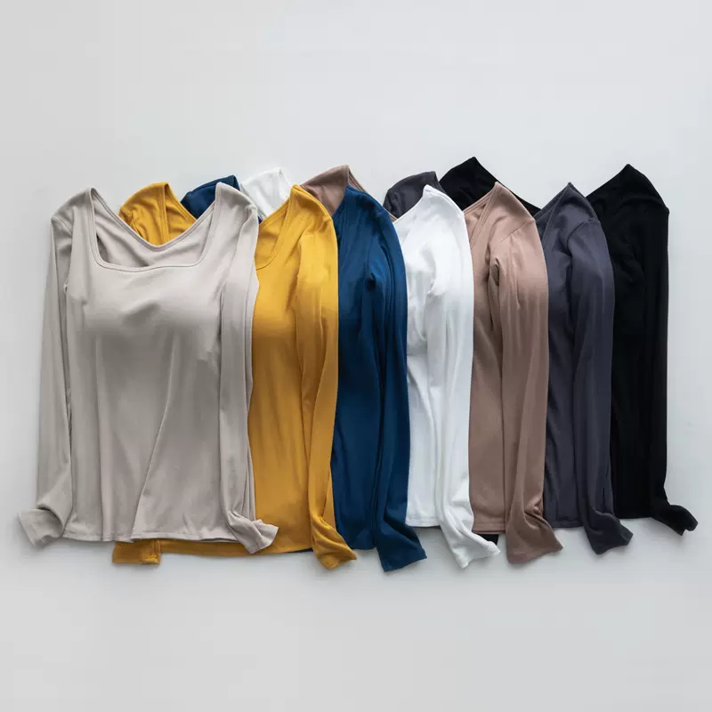 方领免穿文胸带胸垫一体螺纹长袖T恤 女秋冬外穿打底内搭上衣批发