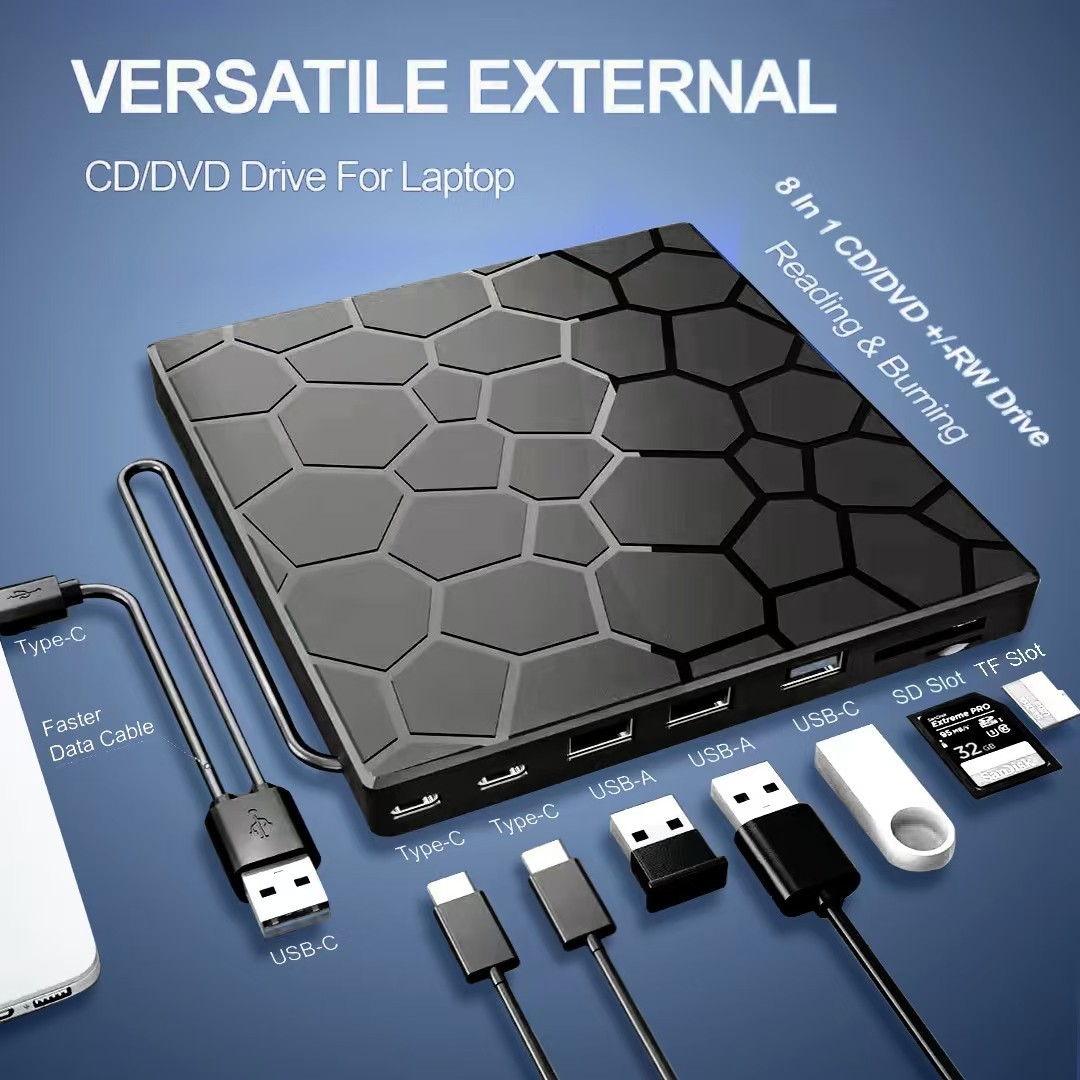 新品多功能扩展外置光驱DVD刻录机8合一USB/双TYPE接口可外接U盘