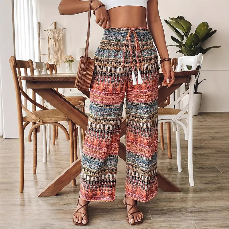 Spot New 2025 Cross-Border Amazon Bohemian Style Printed Women's Casual High-Waisted Elastic Pants Spot New 2025 Cross-Border Amazon Bohemian Style Printed Women's Casual High-Waisted Elastic Pants