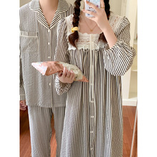 跨境专供女条纹情侣睡衣女秋季新款长袖花边睡裙高级感男士家居服