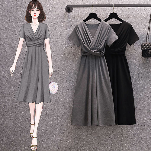 Women's Large Size Summer 2025 Charming Slimming Stylish Pleated Solid Color Simple Medium Length Dress