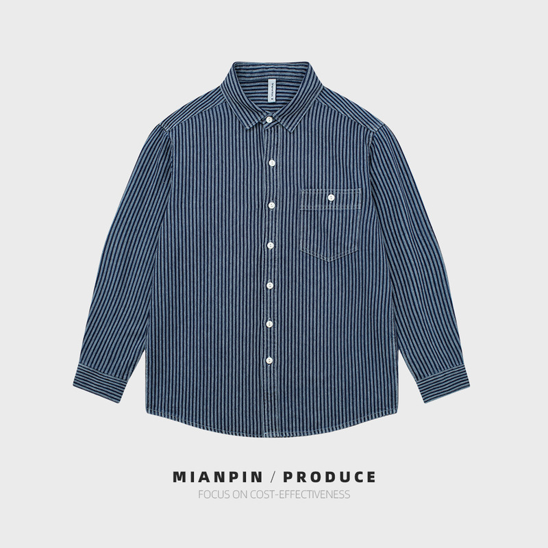 American Retro Pure Cotton Denim Long-Sleeve Shirt with Vertical Stripes, Washed and Slightly Loose Casual Shirt Top M07