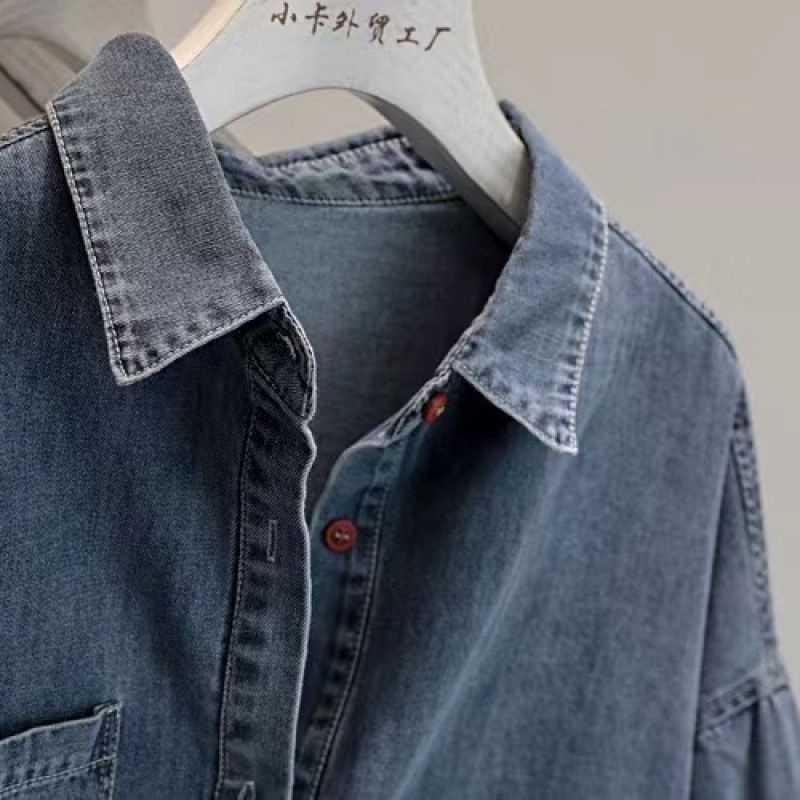 2023 Summer New Blue Polo Collar Single-Breasted Loose Casual Short-Sleeved Denim Shirt