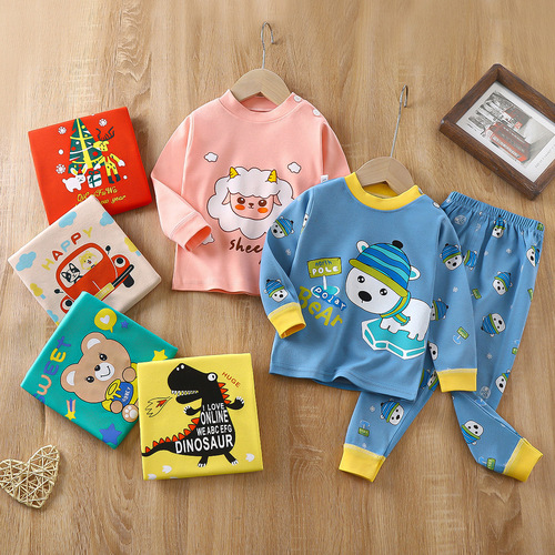 Children's underwear set, cotton autumn clothes, long sleeves, baby, pure cotton, warm, long-sleeved pajamas for boys and girls, wholesale
