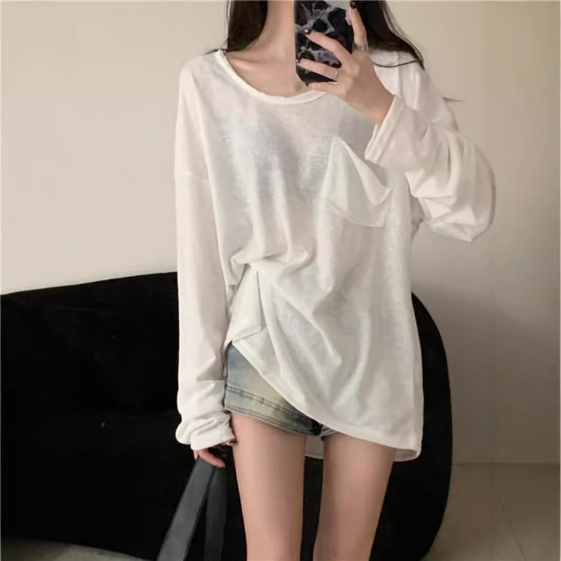 Korean Style White Micro-transparent Long-sleeved Sunscreen Thin Summer Lazy Style T-shirt U-collar New Loose Casual All-match Blouse