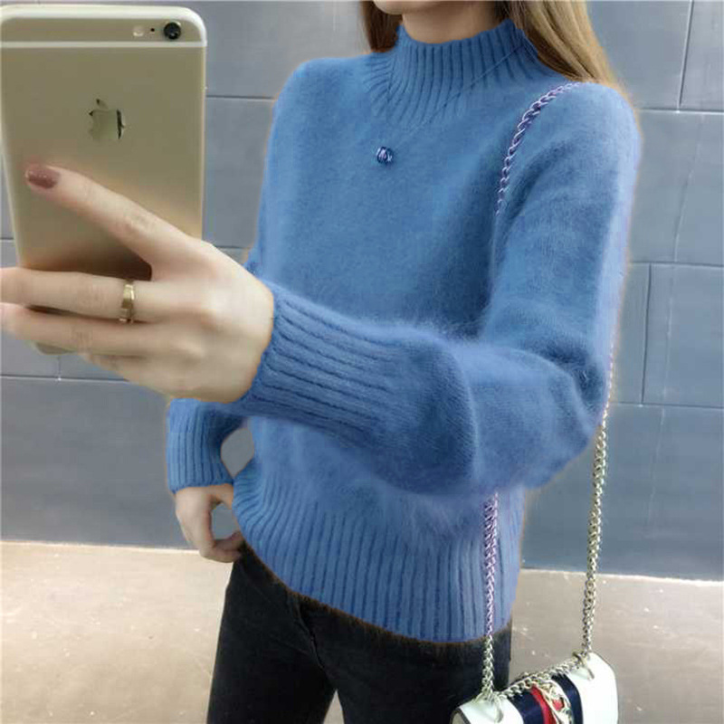 Suéter de las mujeres populares de este año 2024 otoño e invierno nuevo popular medio cuello alto engrosado Faux Mink terciopelo camisa de fondo