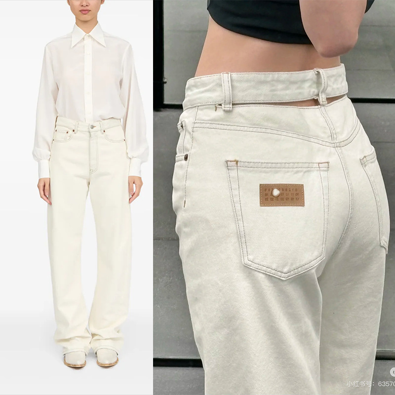 MM6 creamy-white Straight High Waist Jeans Women's Loose Slimming Wide Leg Pants Women's 2025 Summer Pants
