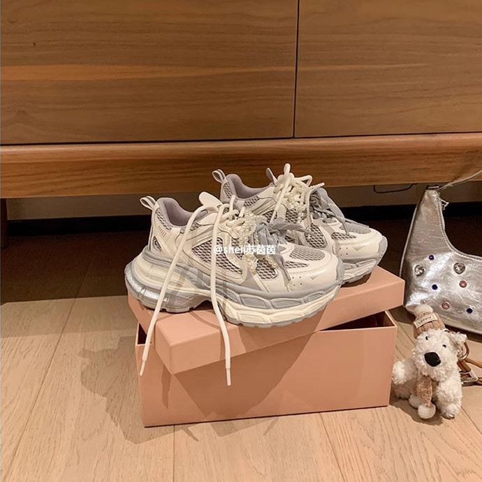 Su Yinyin's Same Style Height-Increasing 75mm~ Double-Layer Thick-Soled Height-Increasing Gray Casual Sports Shoes for Women Genuine Leather Dad Shoes