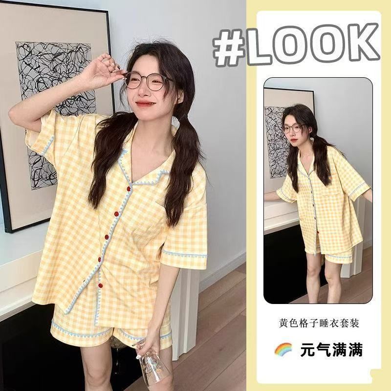 Pijamas de media luna al por mayor transfronterizos de verano de nuevo algodón nubes con solapa de manga corta pantalones cortos casuales set de ropa casera