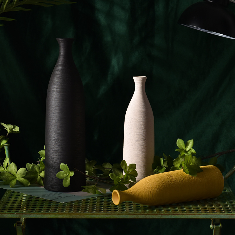 Cepillado nórdico de cerámica florero decoración sala de estar arreglo de flores solo amarillo flor seca decoración pequeño calibre botella flor dispositivo