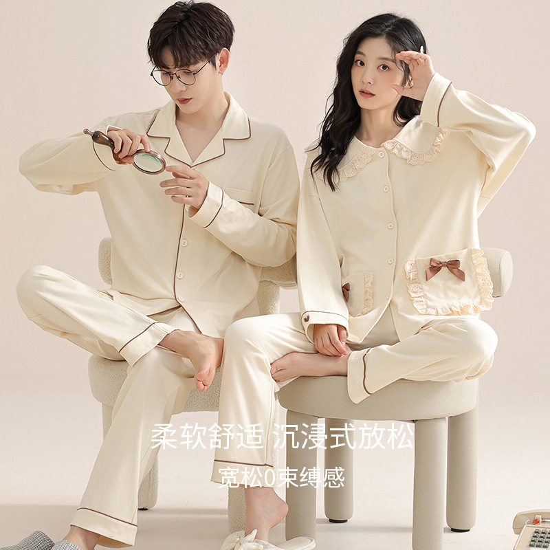 Spring and Autumn Couple Pajamas Pure Cotton Long Sleeve Cotton Women's Cute Home Clothes 2025 New Autumn and Winter Men's Suit