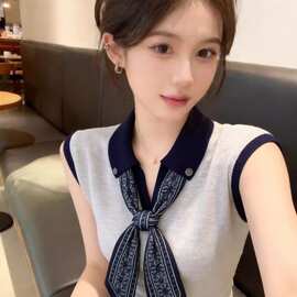 时尚撞色配丝巾设计感小众t恤女 新款外穿高级感气质无袖显瘦上衣