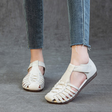 复古头层牛皮皮凉鞋女25夏季新款编织镂空中跟粗跟搭扣罗马鞋猪笼