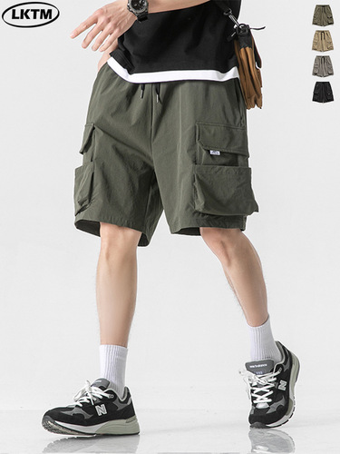 LKTM Men's Summer American Workwear Military Green Shorts for Men with Multiple Pockets, Thin Ice Silk Quick-Dry Five-Finger Mid-Calf Pants