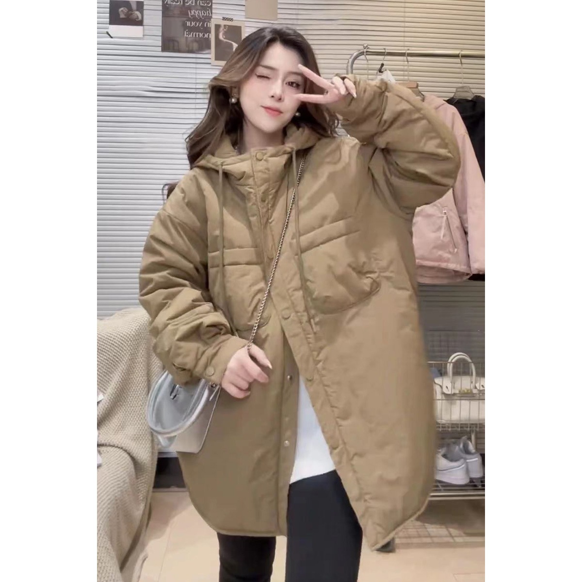 加厚棉服女秋冬2023新款欧韩货阔版衬衫式棉衣中长款夹棉连帽外套