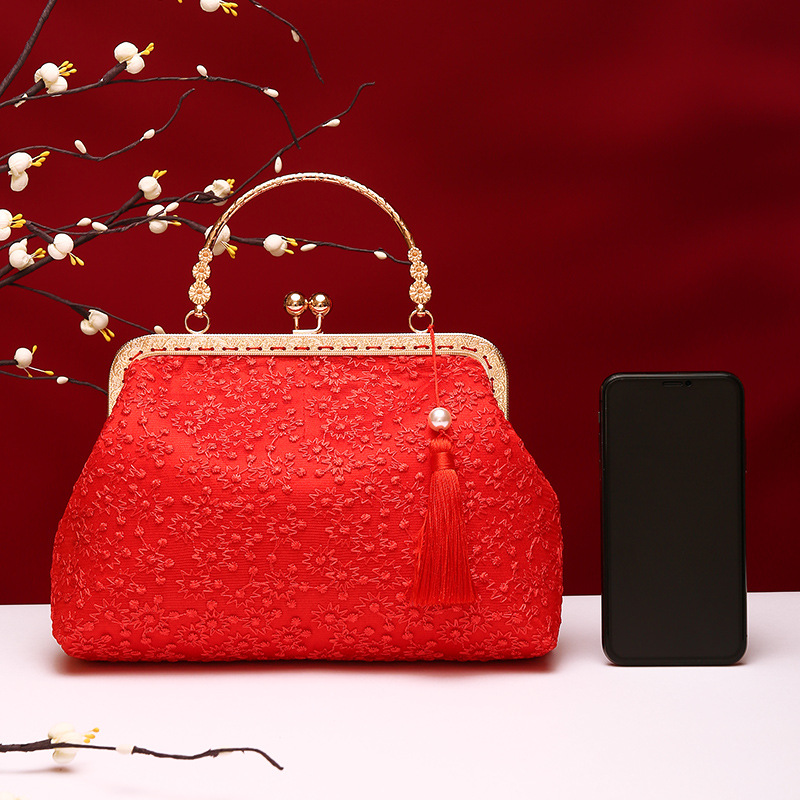 Boda bolso de suministros de la novia boda bolsa roja bolsa de regalo nupcial dote bordado bolsa de cosméticos