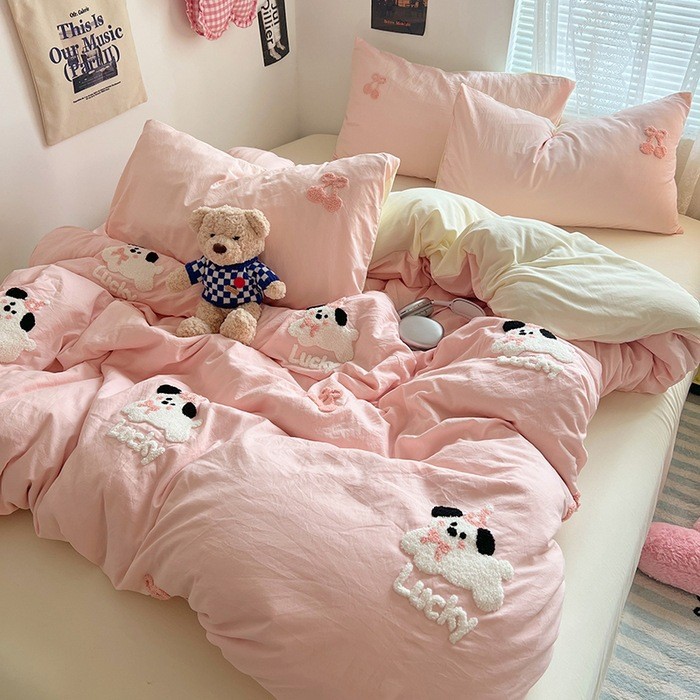 Cartoon Towel Embroidery Class a Washed Cotton Four-Piece Set Bed Sheet Duvet Cover Three-Piece Set Fitted Sheet Bedding Set Fitted Sheet Style
