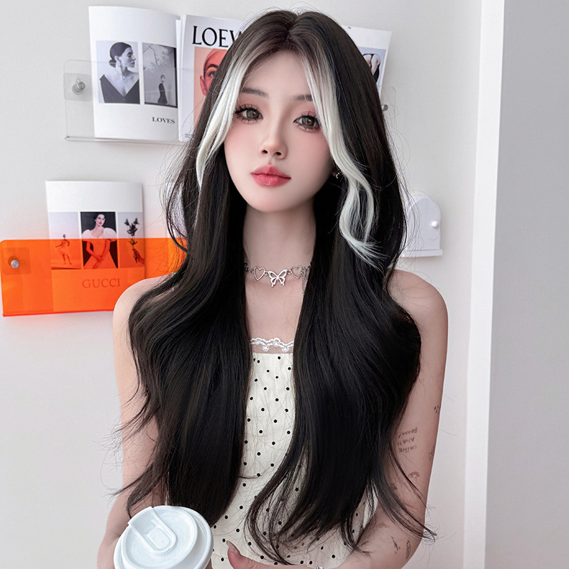 Cross-border Amazon New Wig Women's Long Curly Hair White Grey Bang Dye Chemical Fiber Wig Full Top Pullover Wig