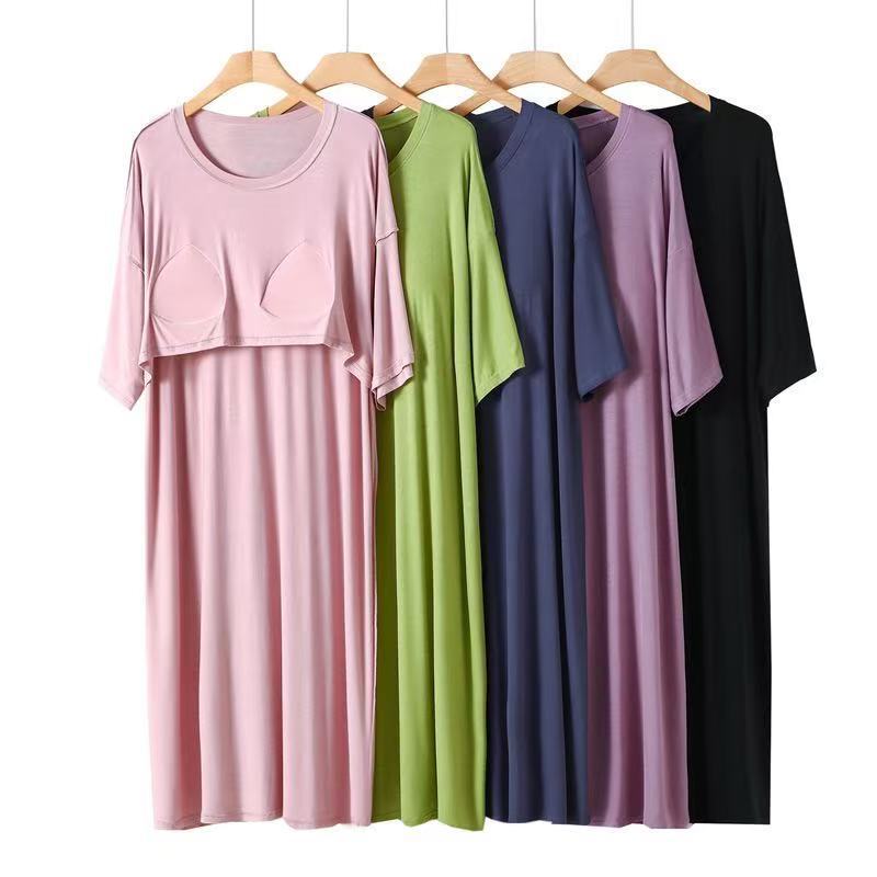 Round Neck Nightgown for Women, Modal Breast Pad, Short-Sleeved Pajamas, Mid-Length Skirt, Loose Slimming Home Nightgown, Wholesale Maternity Skirt