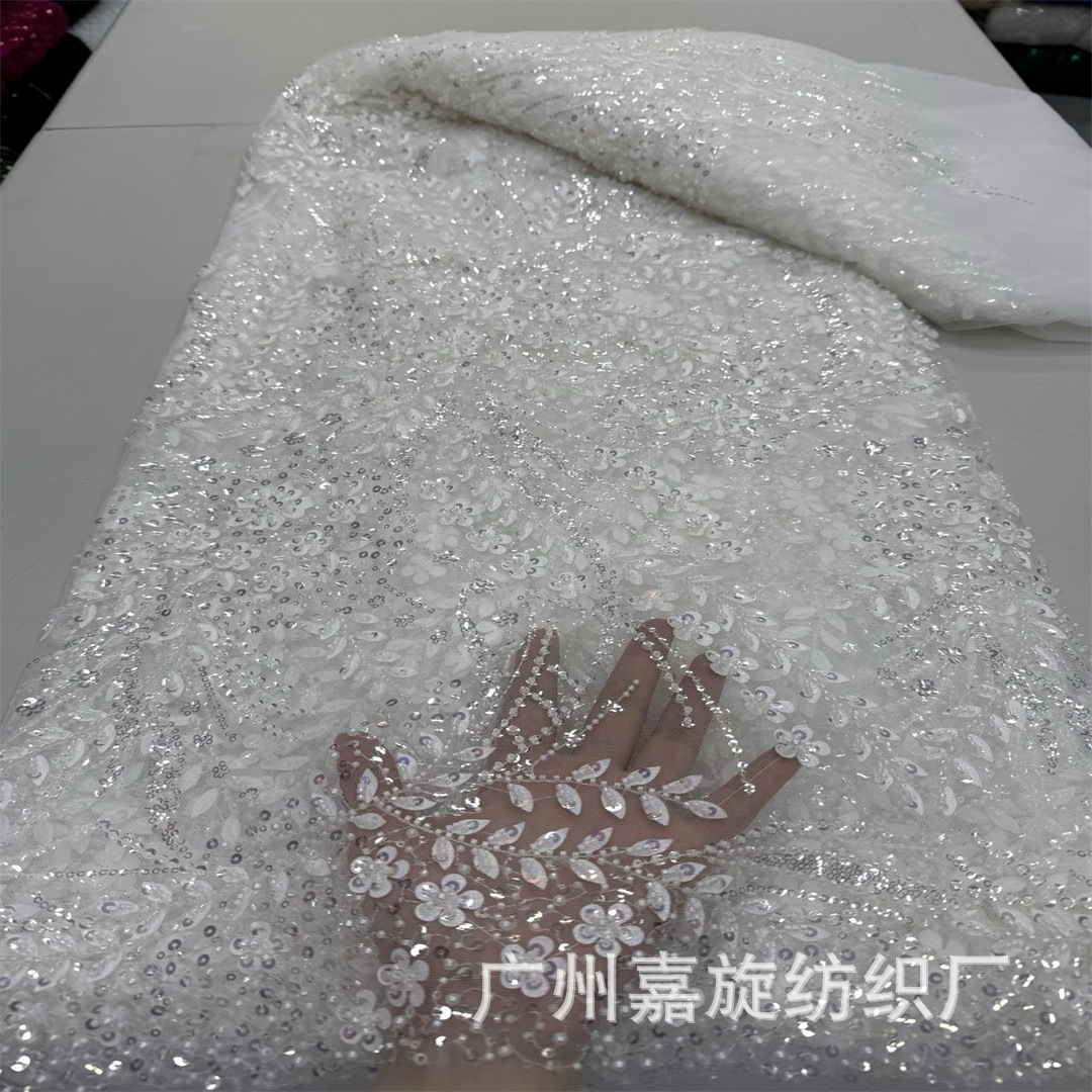 Tela africana con cuentas de flores y hojas tridimensionales láser, encaje bordado para vestido de novia.