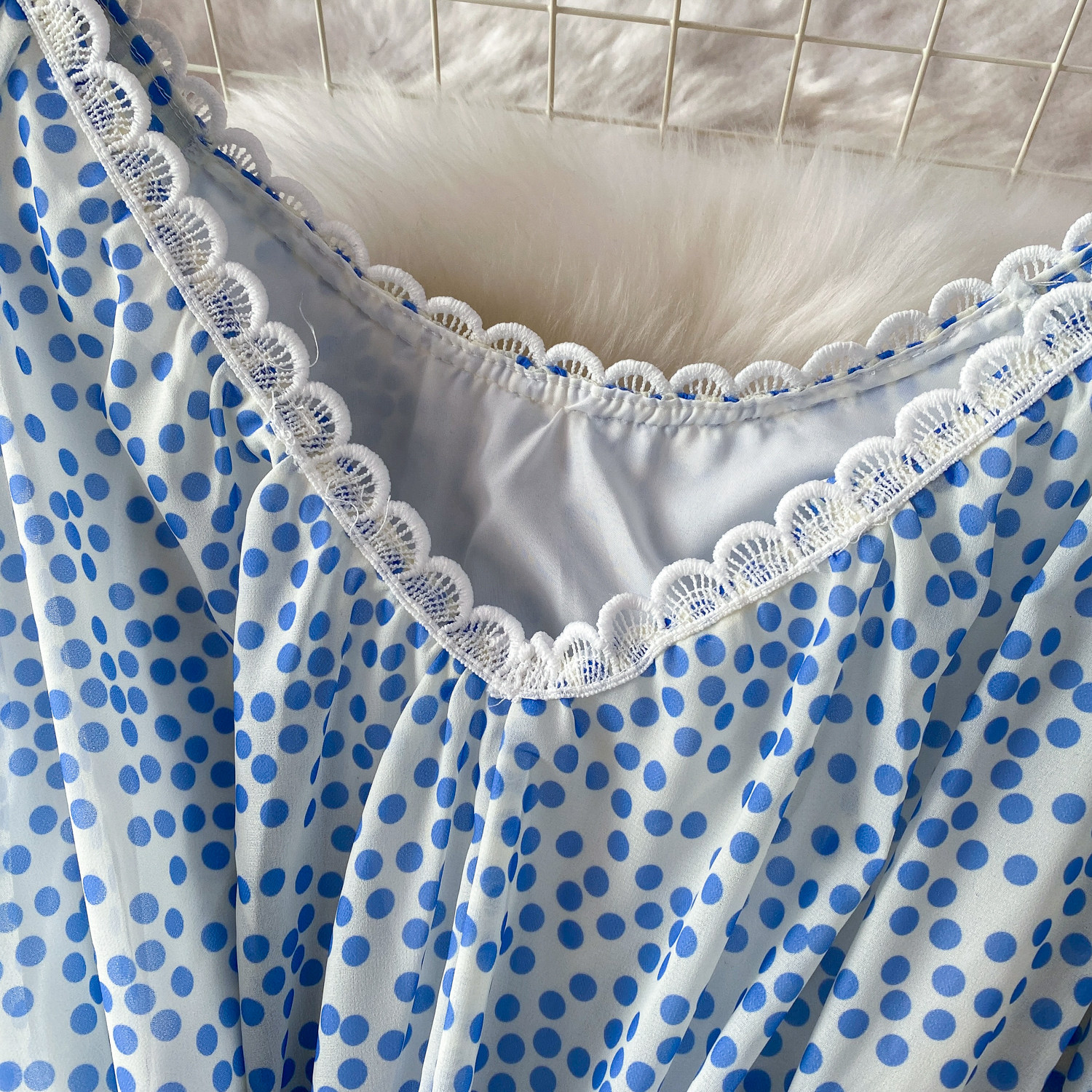 Women's French Style Sweet Polka Dot Patchwork Lace V Neck Dress Summer Flowy Chiffon Maxi Skirt Long Evening Gown_ecoleips.com