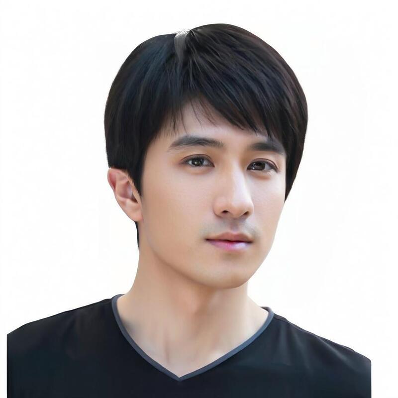 TikTok Explosions Wig Men's Oblique Bangs Short Straight Hair Chemical Fiber High Temperature Silk Full Head Cover Fashion Short Hair Factory Outlet