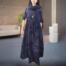 棉麻连衣裙文艺休闲复古套头长裙秋季新款简约百搭显瘦优雅碎花裙