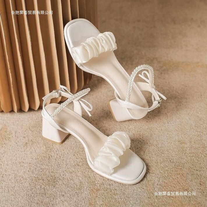 French-Style High Heels 2026 New Model with Pearl Bow Fashion Ankle Strap Summer Sandals for Women to Pair with Dresses