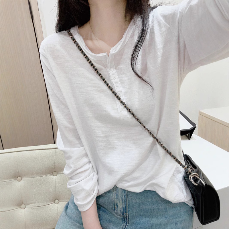 White Lazy Style Slub Cotton Long-sleeved T-shirt Women's Spring and Summer New Design Niche Loose Women's Top White Lazy Style Slub Cotton Long-sleeved T-shirt Women's Spring and Summer New Design Niche Loose Women's Top