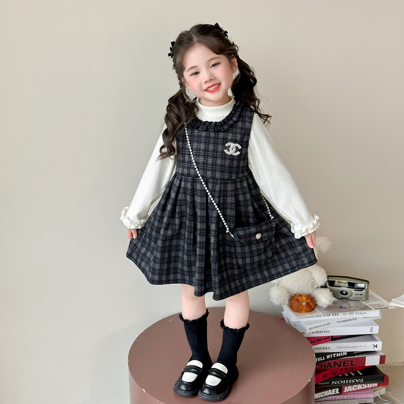女童连衣裙2025春秋装洋气宝宝学院风格子背心裙子女宝连衣裙套装|undefined