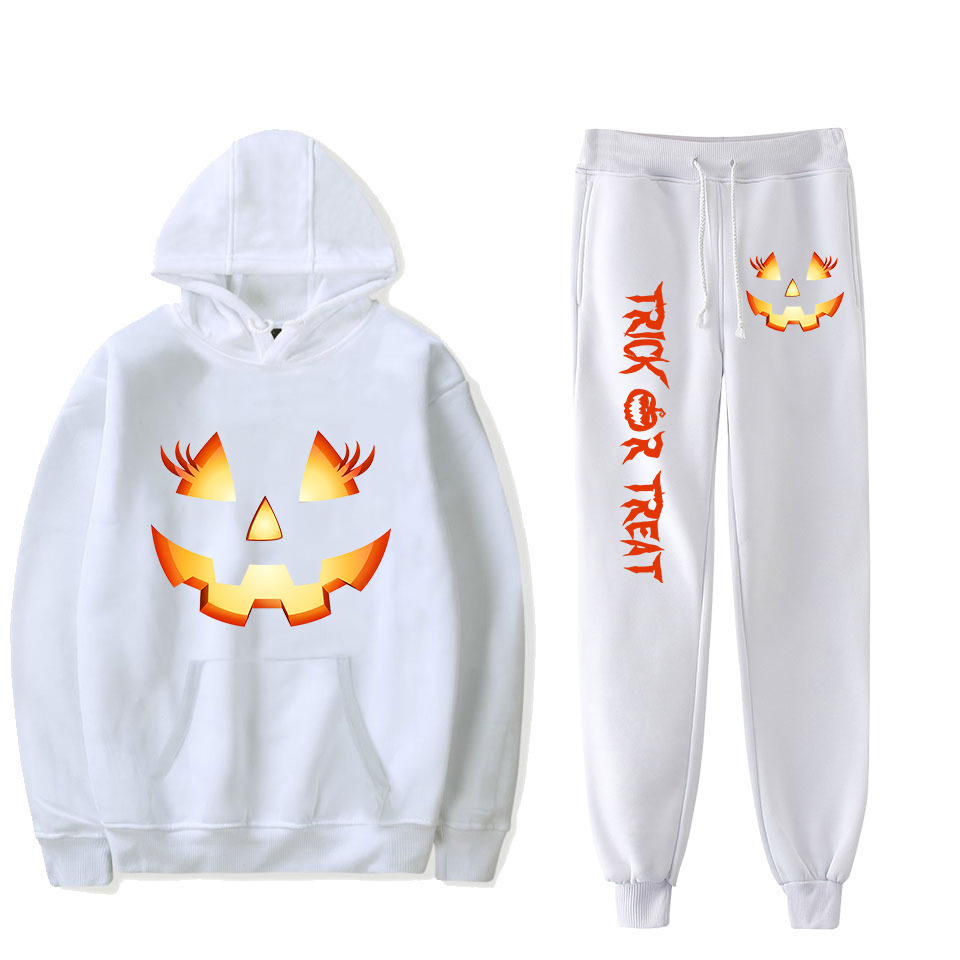 Women's Clothing creative pumpkin ghost face cartoon hooded sweatshirt leggings sports suit_voghion.com