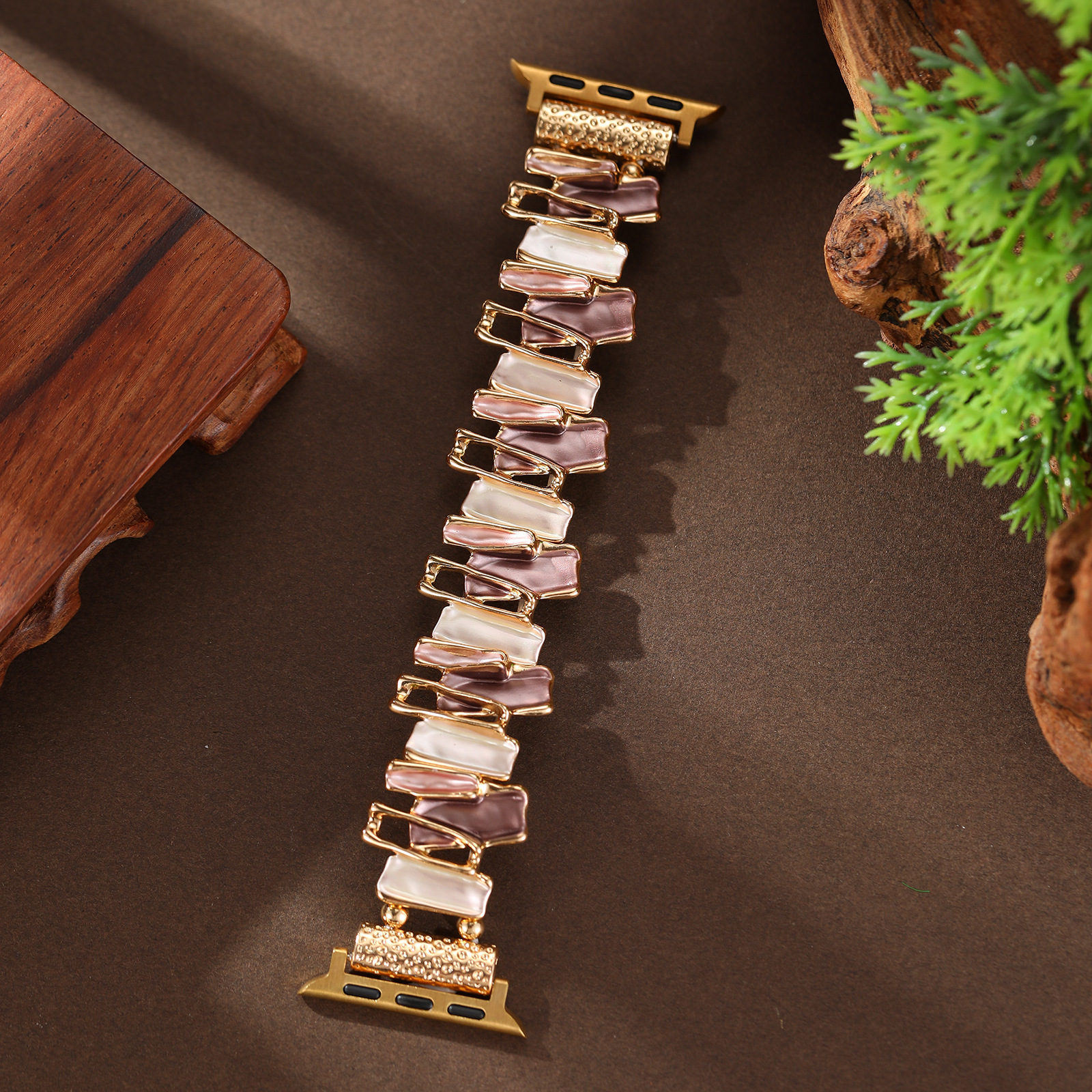 (135cm) 브라운 기하학 라인 스트레치 시계 스트랩 - 골드