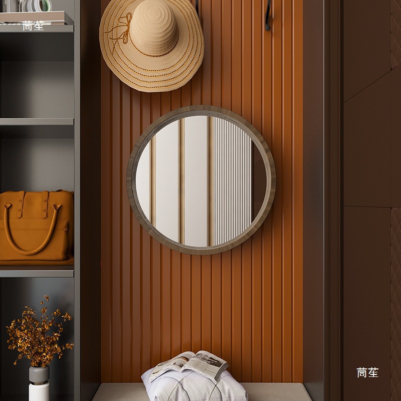 浴室镜圆镜木框实木圆形镜子化妆挂墙家用卫生间洗漱台梳妆壁挂无