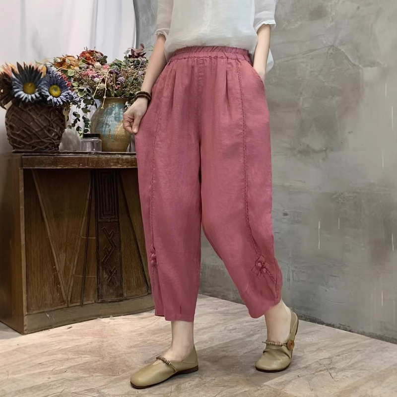Ancient Clothing Summer Retro Sand-Washed Linen Harem Pants Women's Elastic Waist Loose Pure Color Slimming Look Three-Point Pencil Pants