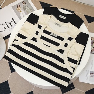 Large size women's clothing 200kg fat MM summer new slim thin striped knitted small vest casual 9016