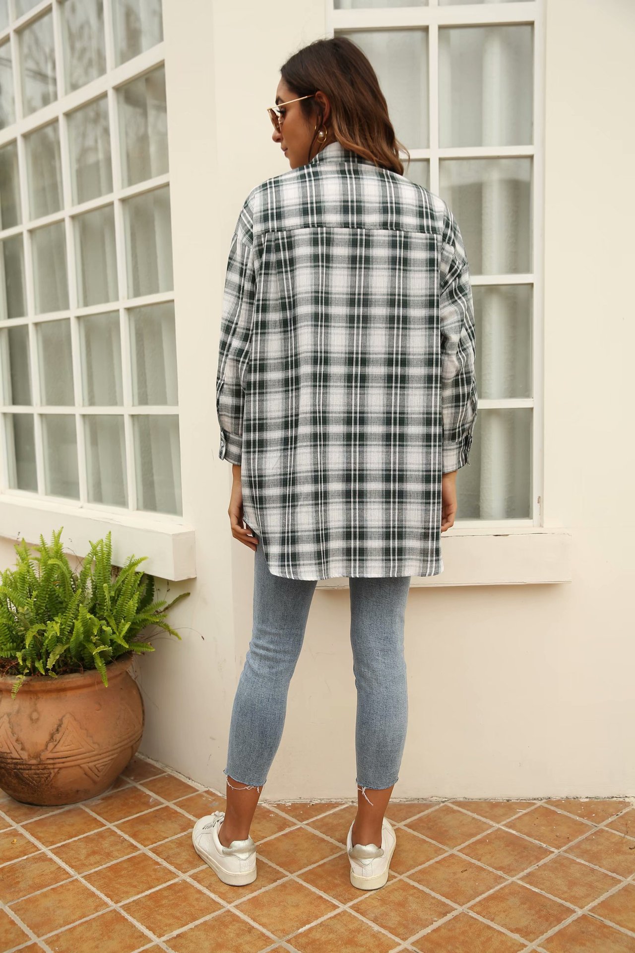 loose plaid lapel long-sleeved shirt NSAM42066