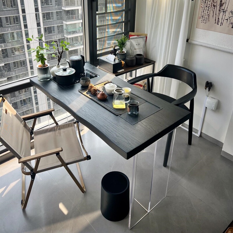 Light Luxury Black Acrylic Tea Table and Chairs, Simple Office Solid Wood Tea Table, Home Living Room Balcony Leisure Tea Table