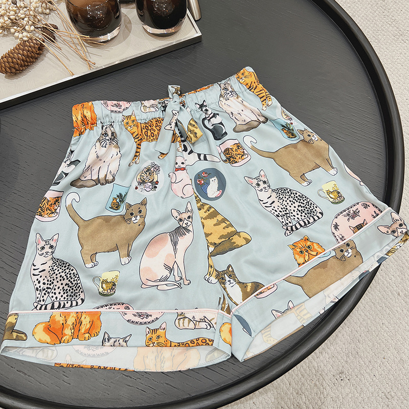 여름 새틴 잠옷 세트 여성 반팔 반바지 봄 가을 작은 옷깃 고양이 가짜 실크 얇은 멋진 홈 옷