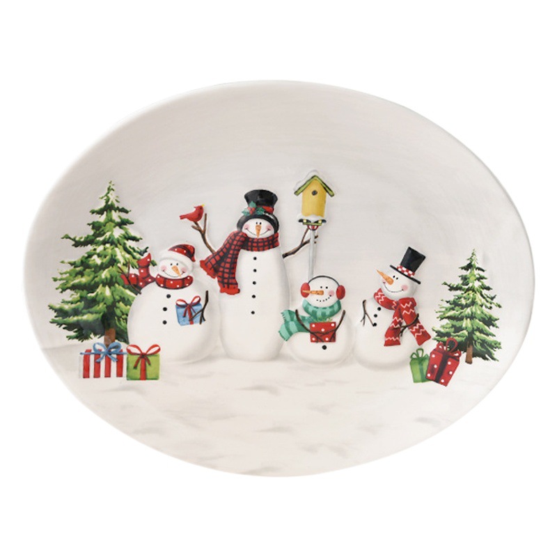 Nórdico país Navidad muñeco de nieve disco de cerámica estilo occidental plato oval postre placa hogar vajilla en relieve