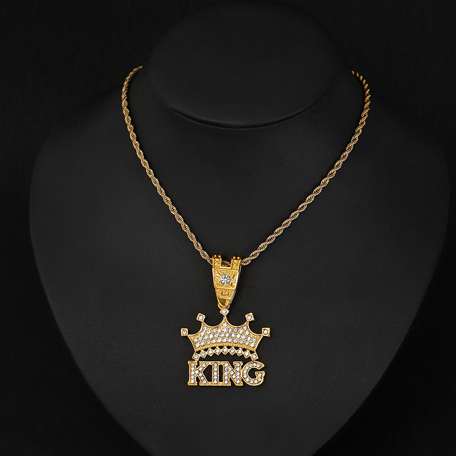 TEMU venta caliente corona KING colgante de aleación de diamante completo nicho personalidad masculina collar de hip-hop joyas de moda europea y americana