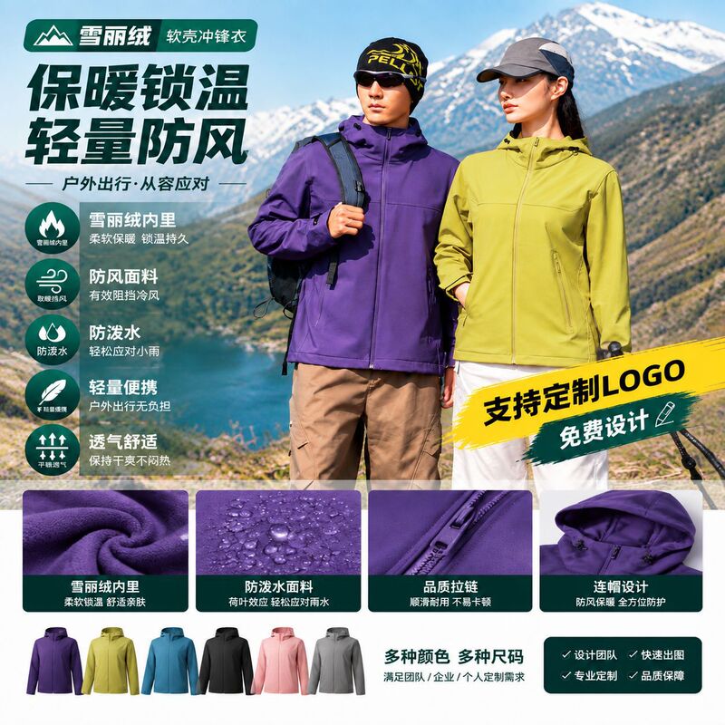 Custom-made lightweight Sherpa fleece softshell jacket with embroidered lettering, suitable for team-building events, hooded workwear, and outdoor activities Custom-made lightweight Sherpa fleece softshell jacket with embroidered lettering, suitable for team-building events, hooded workwear, and outdoor activities