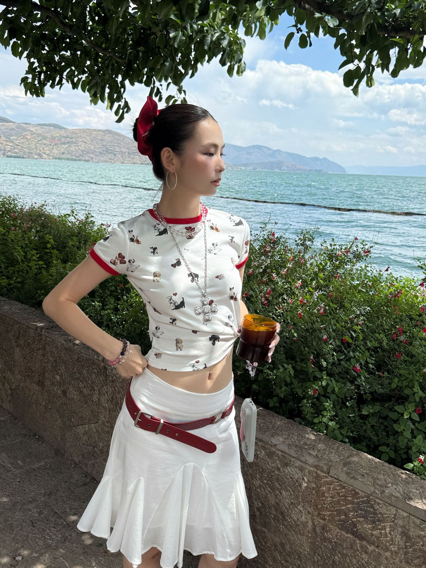 MMFISH moda estilo occidental retro chica caliente estampado nicho diseño sentido contraste color gato perro camiseta de manga corta 25T259