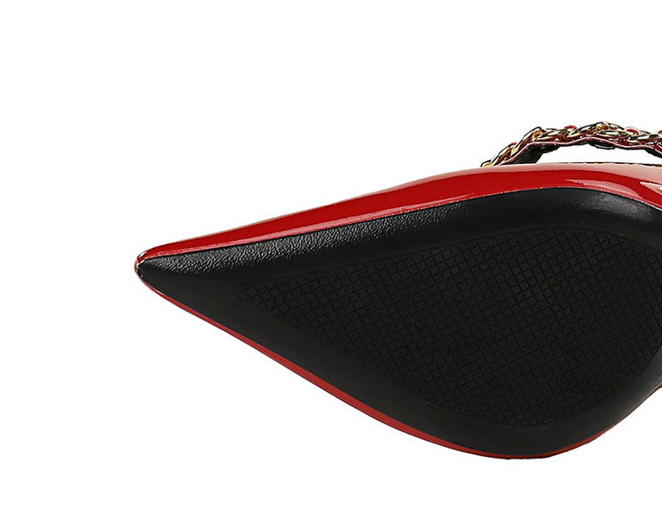 High heels women's shoes slim heels patent leather shallow mouth pointed metal chain line with single shoes_voghion.com